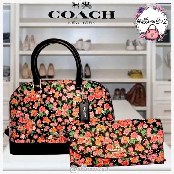 COACH Sierra Posey Cluster Floral Coated Canvas Satchel Bag Black/Pink Wallet - Picture 1 of 12